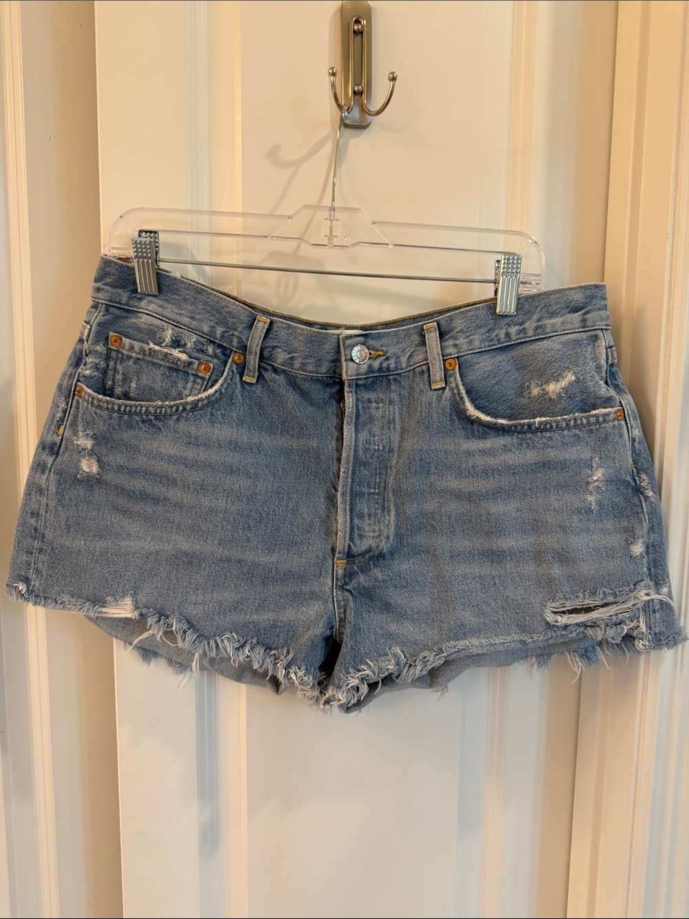 Agolde Light Blue Distressed Denim Cutoff Shorts